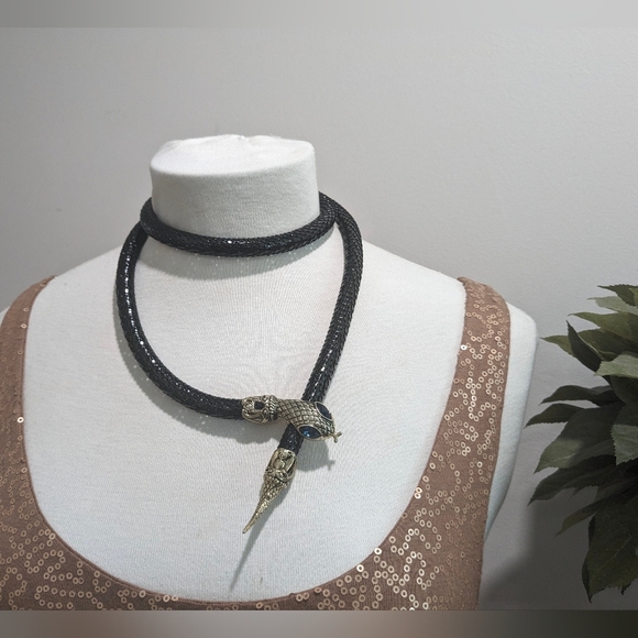 VTG DL AULD blue eyeled black snake, mesh choker necklace, belt or bracelet - Picture 6 of 16
